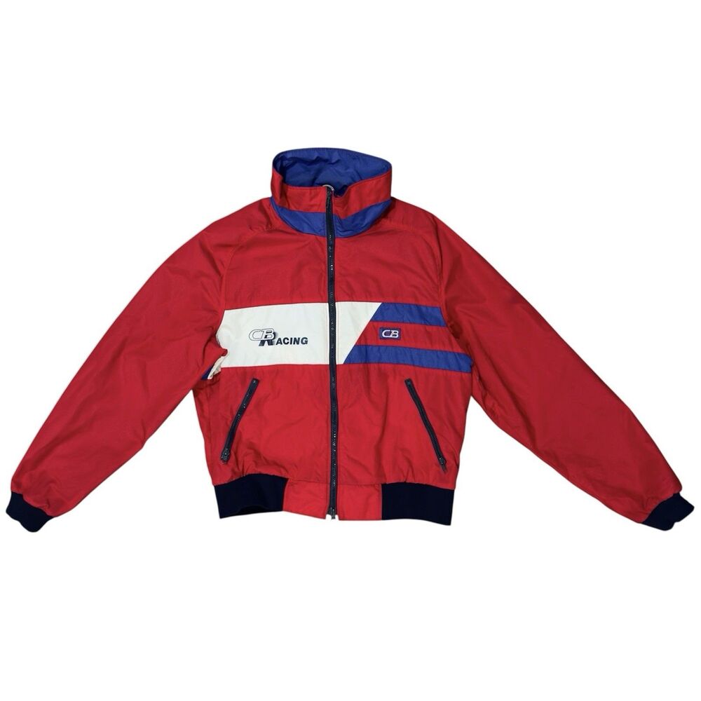 Vintage 80s CB Sports Racing Jacket Adult Large Red Blue Full Zip Bomber Nylon